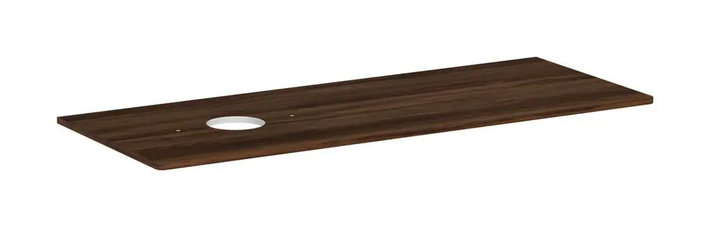 Dunkle Holzkonsole von Hansgrohe mit Ausschnitt auf der linken Seite, geeignet für einen Aufsatzwaschtisch, ohne Hahnloch.